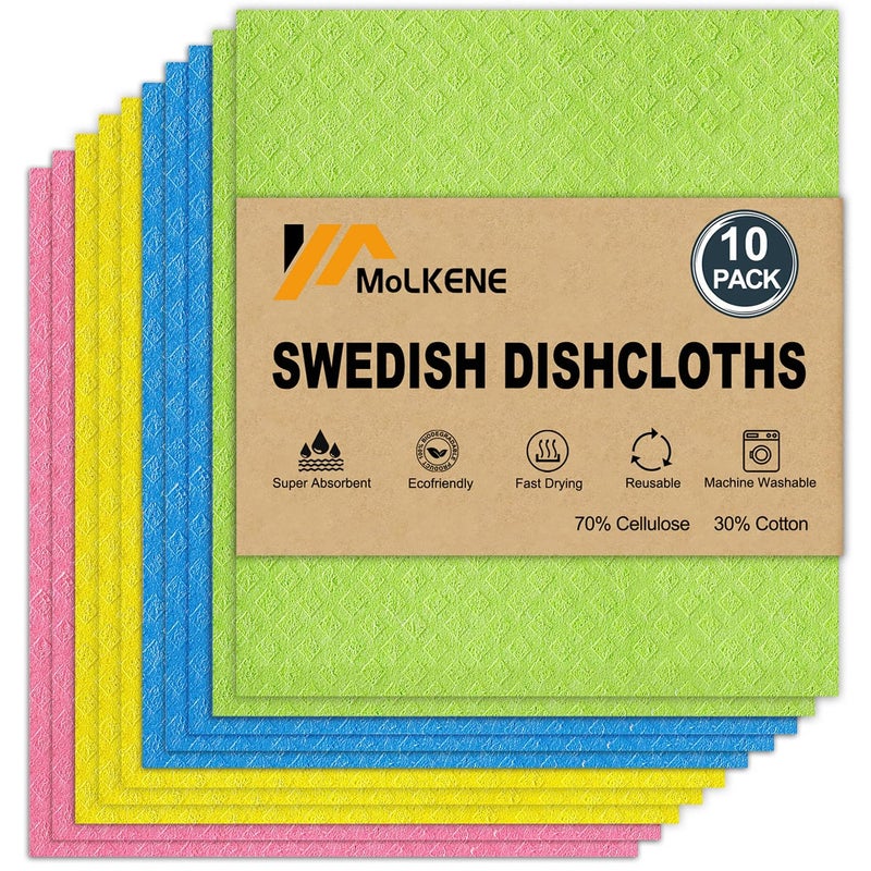 MoLKENE Swedish Dishcloths for Kitchen | 10 Pack Cellulose Sponge Dish Cloths Washable | Non-Scratch Reusable Towels Rags Ultra-Absorbent Cleaning Cloths Quick Drying - Image 1